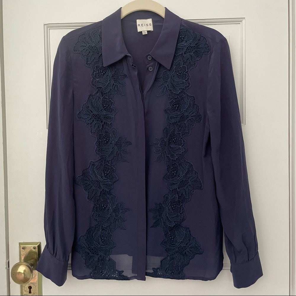 Reiss silk button down shirt navy embroidery